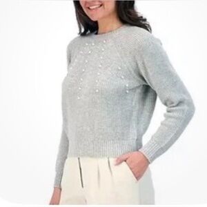 French Connection Women's Pearl Embellished Pullover Knit  Sweater XL Light Grey